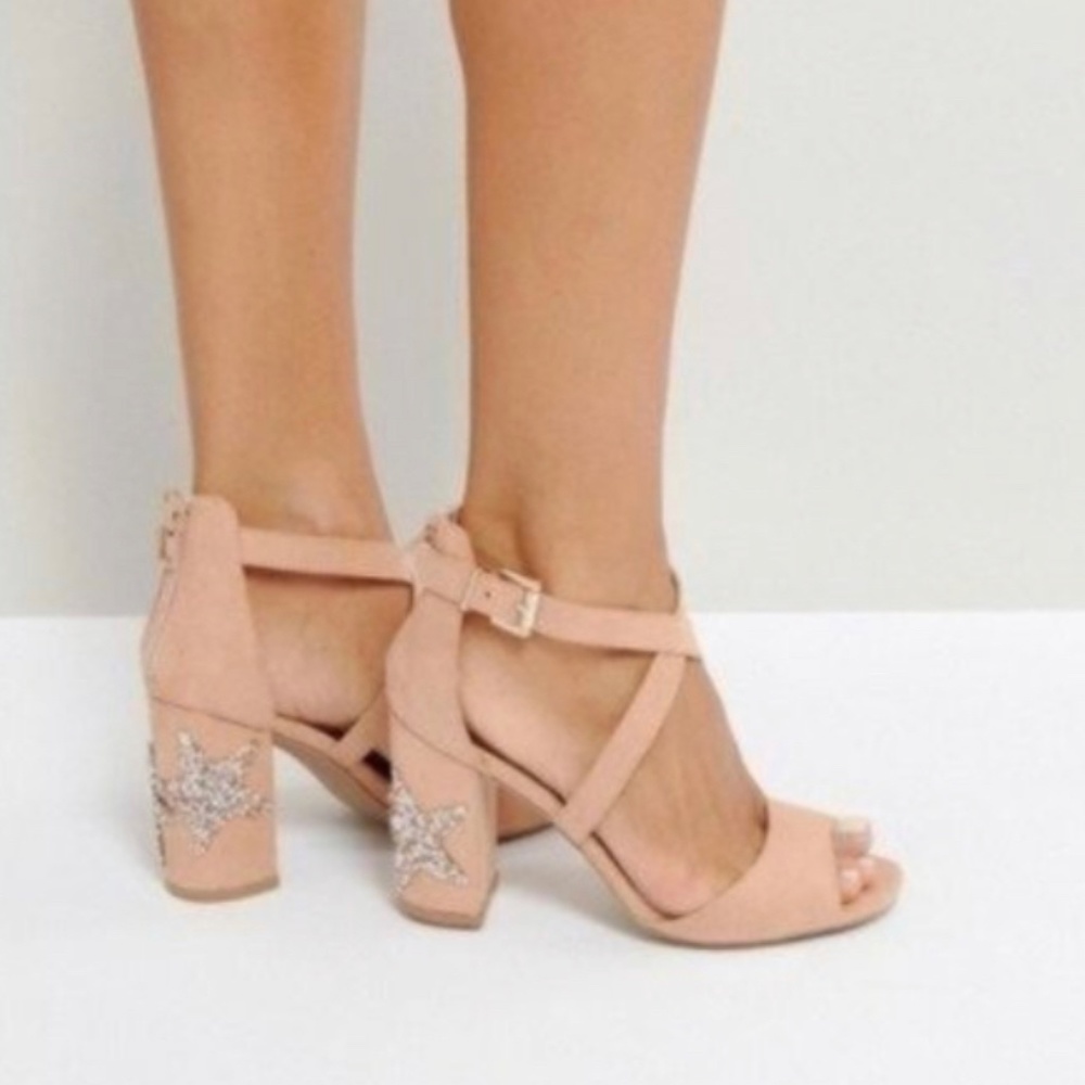 Blush silver glitter Star strappy block heels